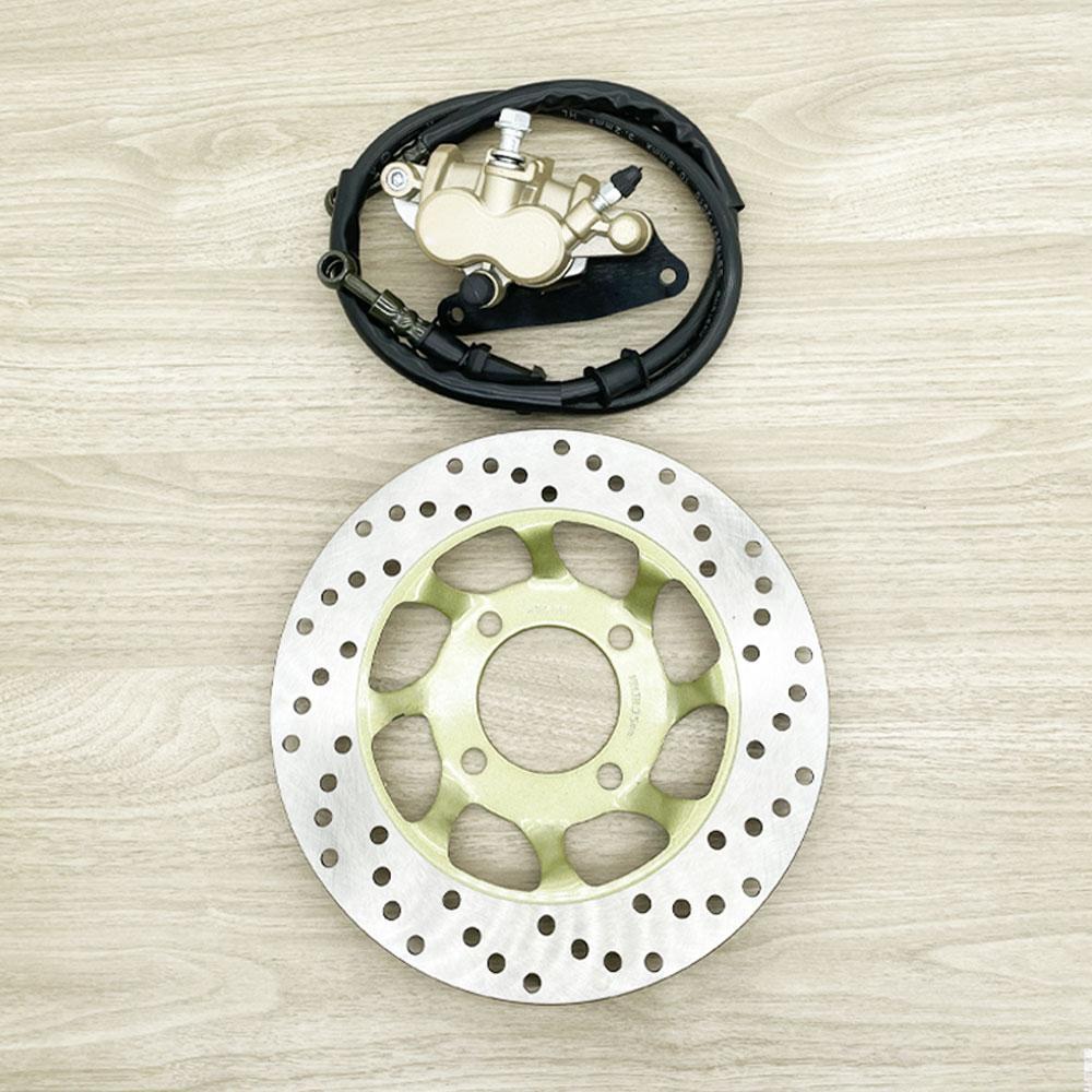 Wave 125/Wave 100s front disc brake conversion kit. Includes: front shocks, front disc, lower pump, speedometer gear set, disc brake hose, Wave 125 upper pump, disc brake rotor, and front caliper.