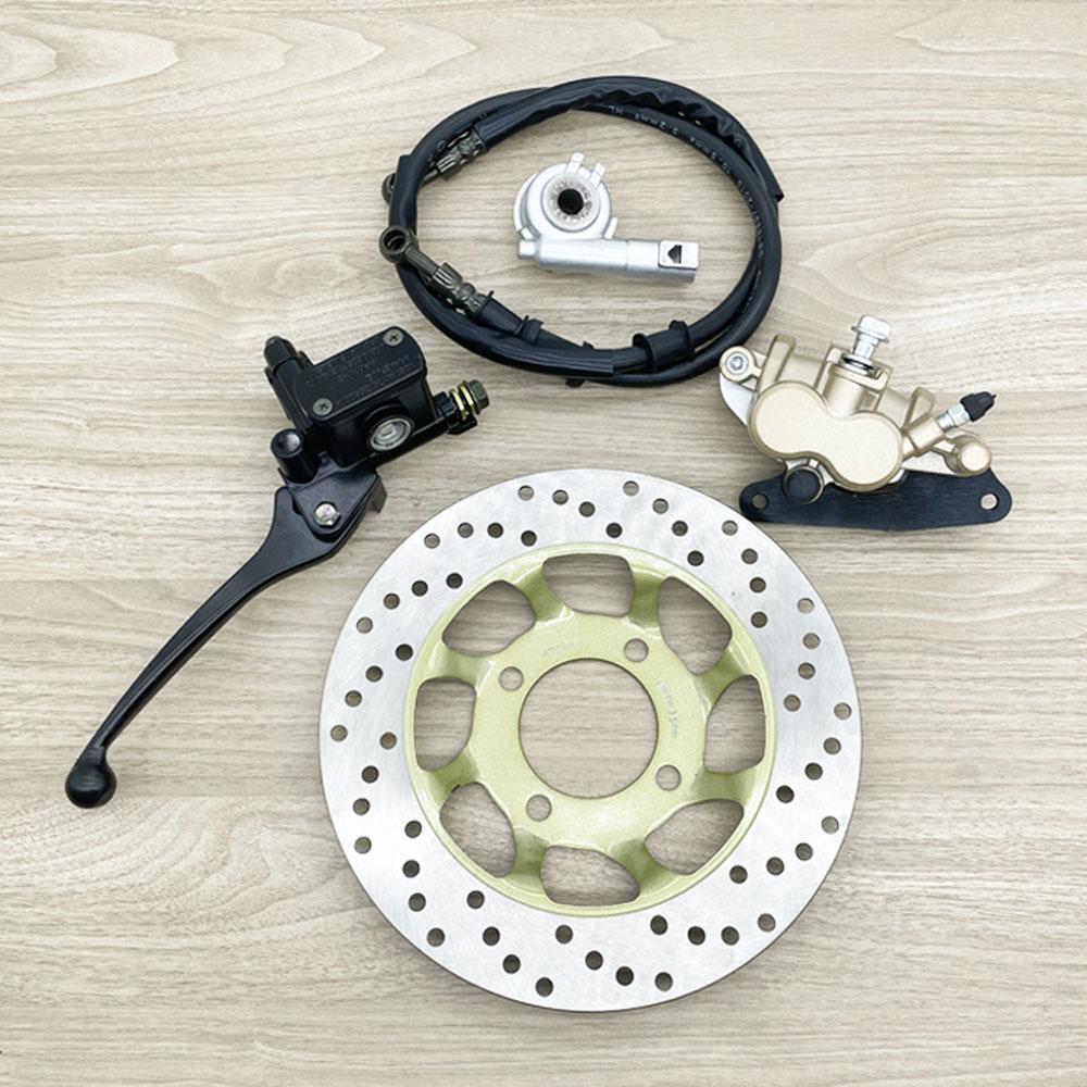 Wave 125/Wave 100s front disc brake conversion kit. Includes: front shocks, front disc, lower pump, speedometer gear set, disc brake hose, Wave 125 upper pump, disc brake rotor, and front caliper.