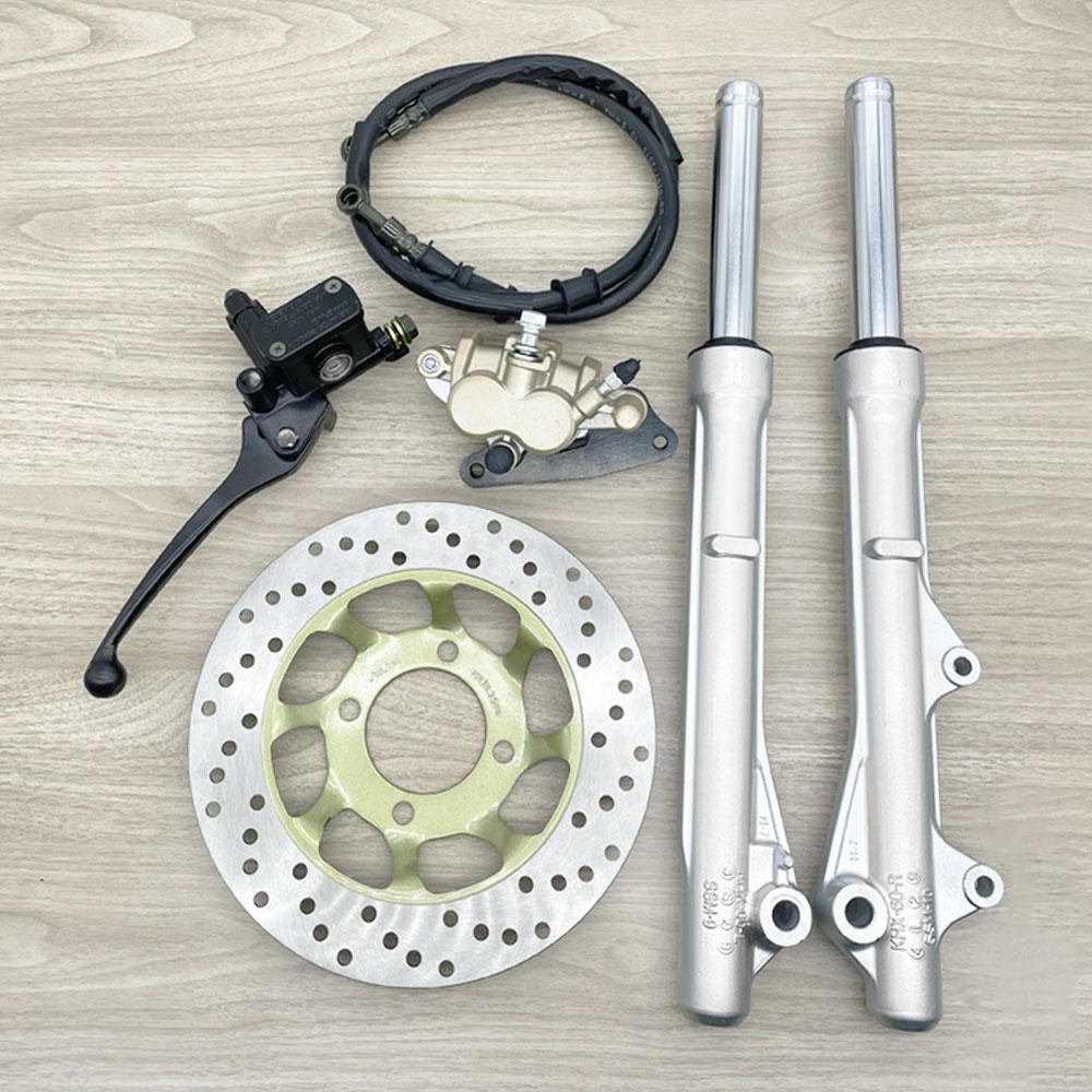 Wave 125/Wave 100s front disc brake conversion kit. Includes: front shocks, front disc, lower pump, speedometer gear set, disc brake hose, Wave 125 upper pump, disc brake rotor, and front caliper.