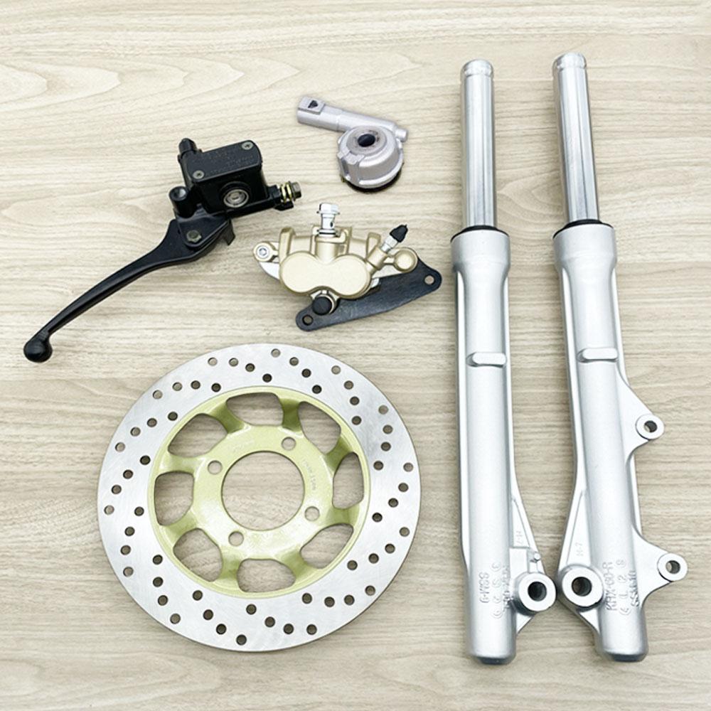 6-piece Value Set: Front shock assembly for Wave 125 R, S, X / Wave 100S. Includes front shock, lower pump, upper pump, speedometer housing set, disc brake hose, and disc brake rotor. Wave 125.