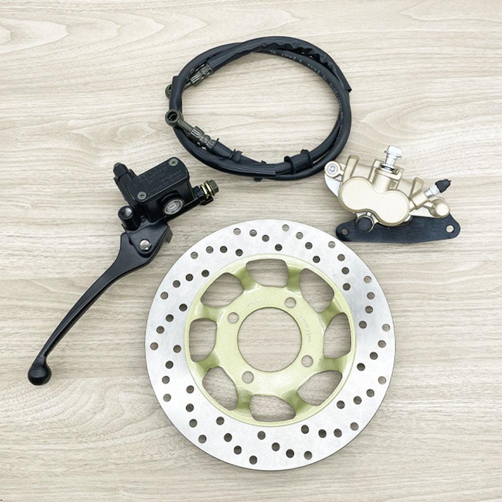 Wave 125/Wave 100s front disc brake conversion kit. Includes: front shocks, front disc, lower pump, speedometer gear set, disc brake hose, Wave 125 upper pump, disc brake rotor, and front caliper.