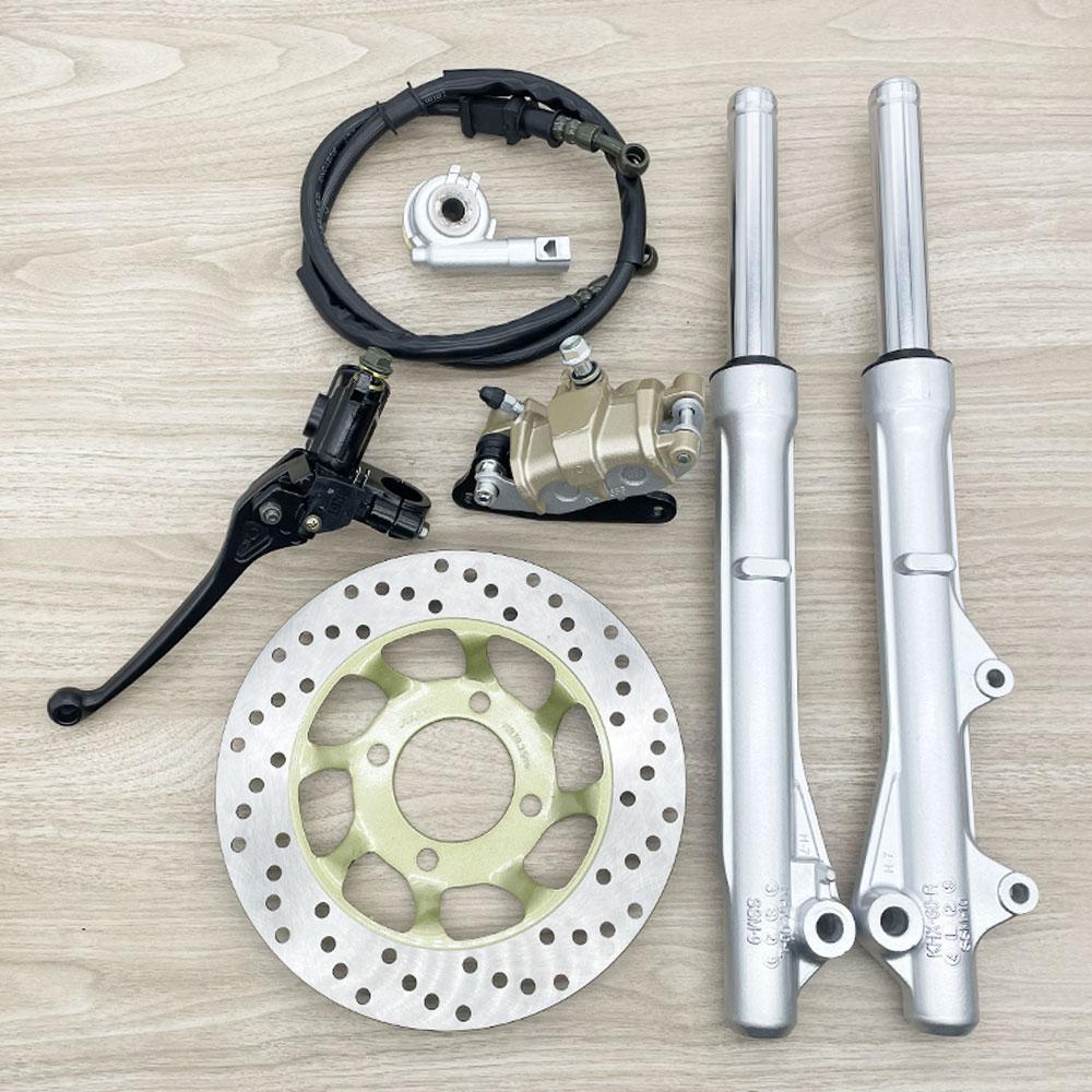 6-piece Value Set: Front shock assembly for Wave 125 R, S, X / Wave 100S. Includes front shock, lower pump, upper pump, speedometer housing set, disc brake hose, and disc brake rotor. Wave 125.