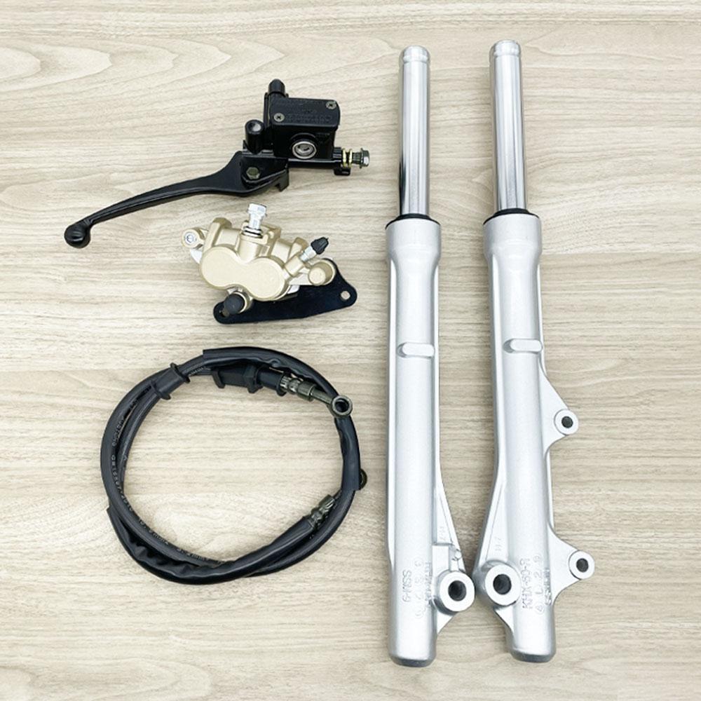 Wave 125/Wave 100s front disc brake conversion kit. Includes: front shocks, front disc, lower pump, speedometer gear set, disc brake hose, Wave 125 upper pump, disc brake rotor, and front caliper.